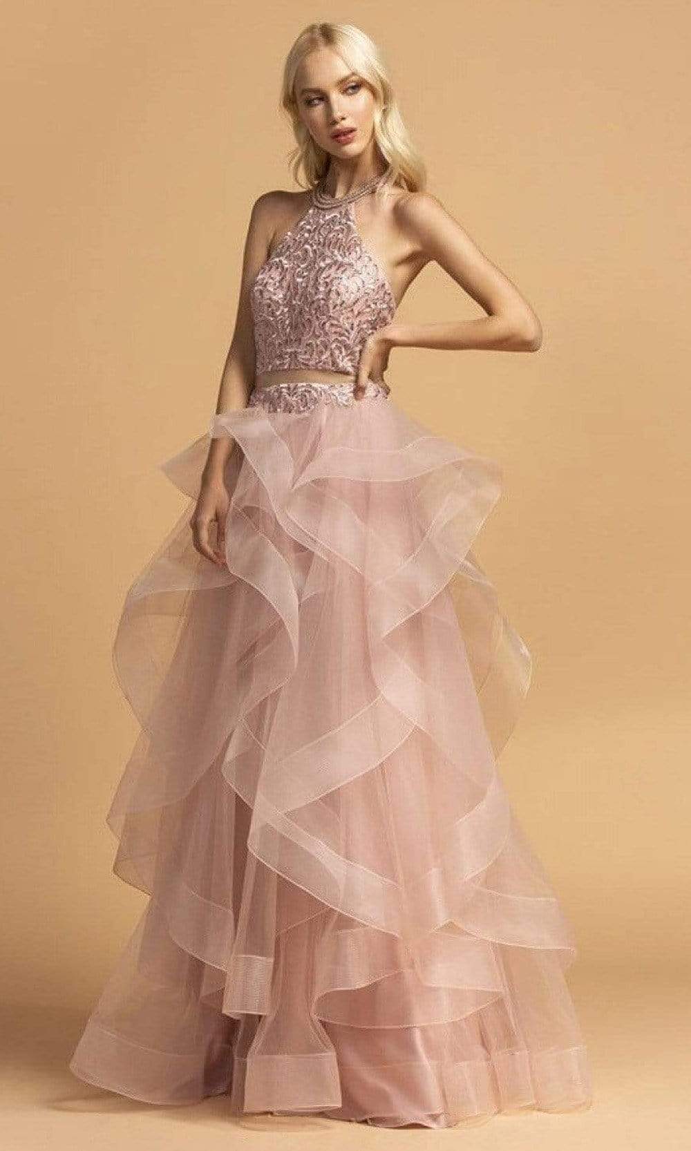 Aspeed Design - L2147 Faux Two-Piece Embroidered Halter Dress Prom Dresses XXS / Dusty Blush