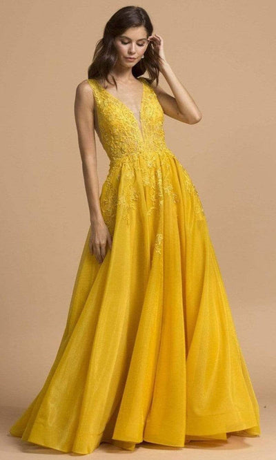 Aspeed Design - L2148 Embroidered Deep V Neck Tulle A-Line Gown Prom Dresses XXS / Marigold