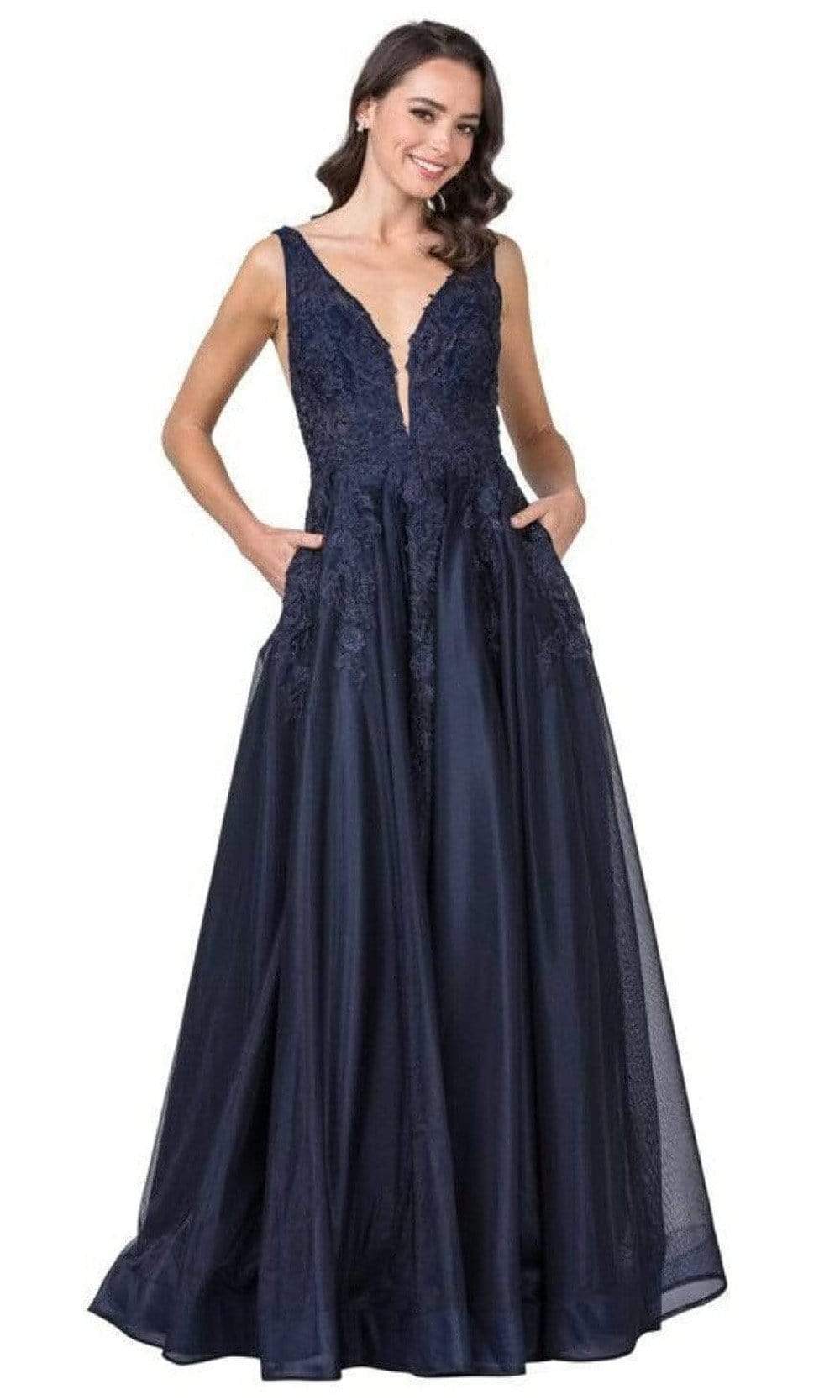 Aspeed Design - L2148 Embroidered Deep V Neck Tulle A-Line Gown Prom Dresses XXS / Navy