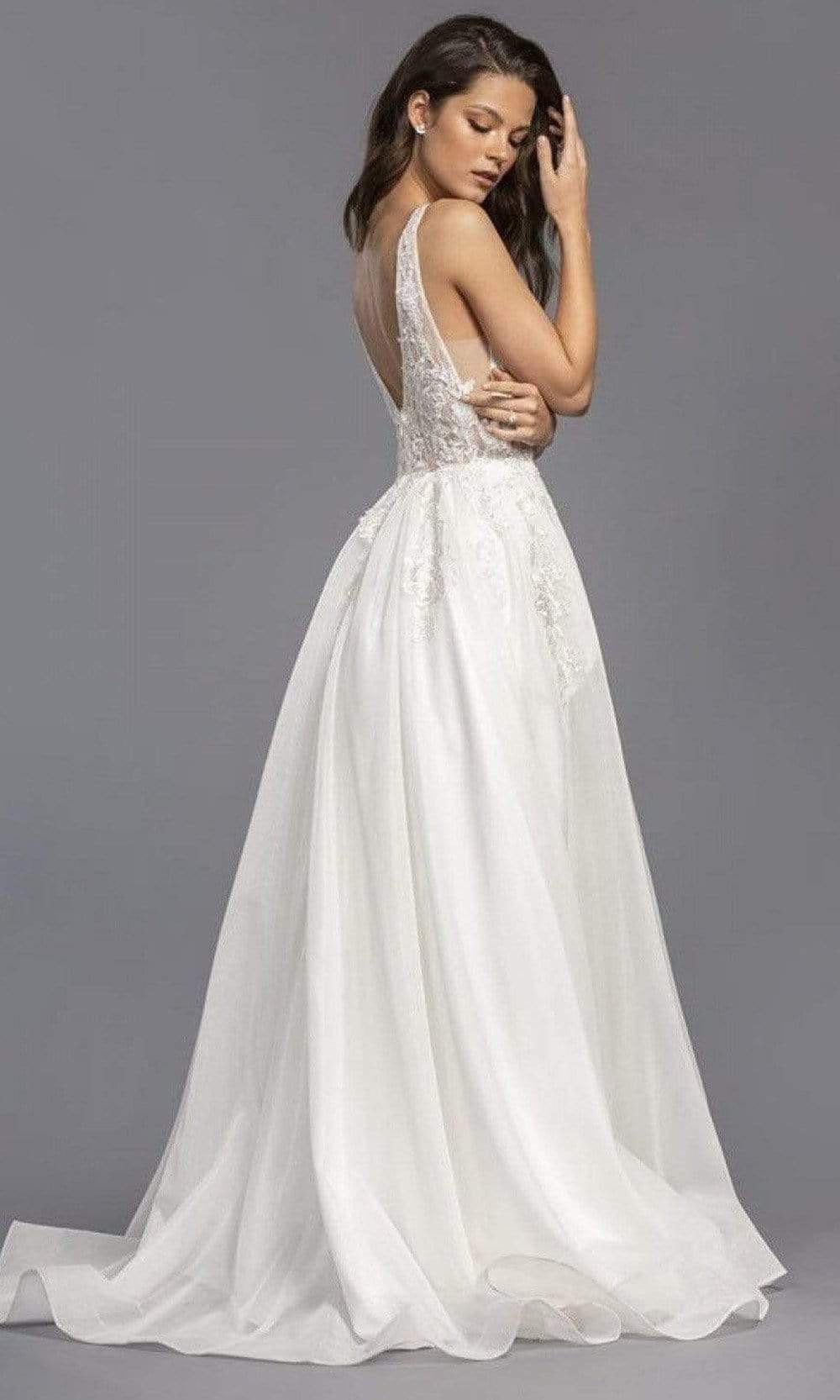 Aspeed Design - L2148 Embroidered Deep V Neck Tulle A-Line Gown Prom Dresses XXS / Off White