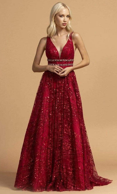 Aspeed Design - L2149 Beaded V Neck A-Line Gown Prom Dresses XXS / Burgundy