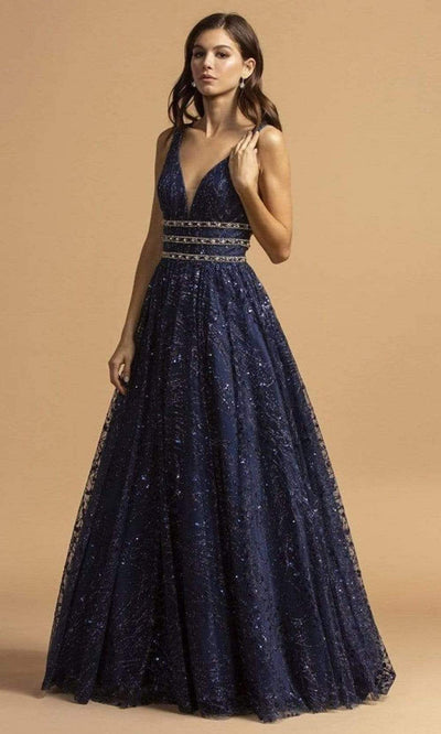 Aspeed Design - L2149 Beaded V Neck A-Line Gown Prom Dresses XXS / Navy