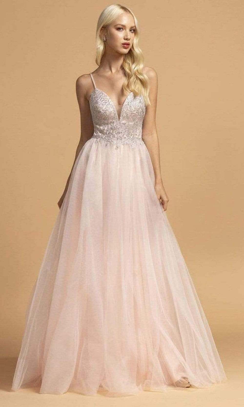 Aspeed Design - L2150 Embroidered Cutout Back Tulle Dress Prom Dresses XXS / Blush