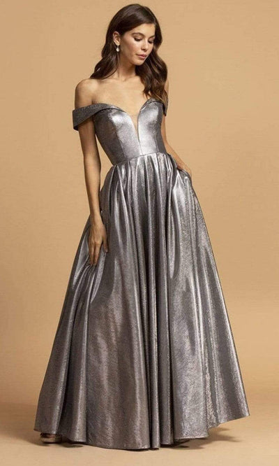 Aspeed Design - L2152 Metallic Off Shoulder A-Line Dress Prom Dresses XXS / Chrome
