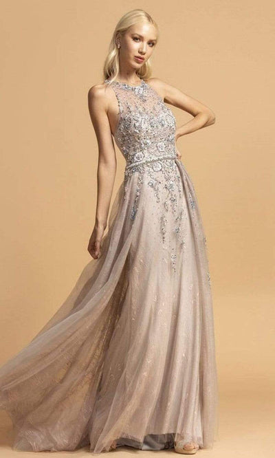 Aspeed Design - L2155 Bedazzled Lace A-Line Flowy Dress Prom Dresses XXS / Silver Blush