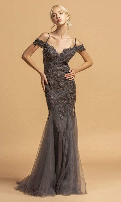 Aspeed Design - L2170 Floral Lace Cold Shoulder Trumpet Dress Evening Dresses XXS / Charcoal