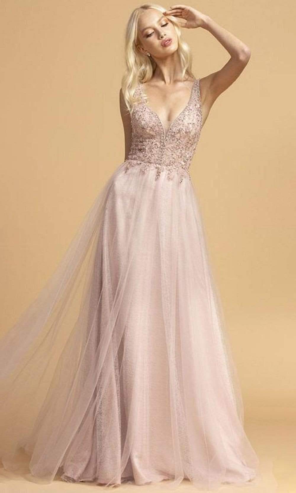 Aspeed Design - L2179 Beaded Applique A-Line Long Dress Prom Dresses XXS / Mauve