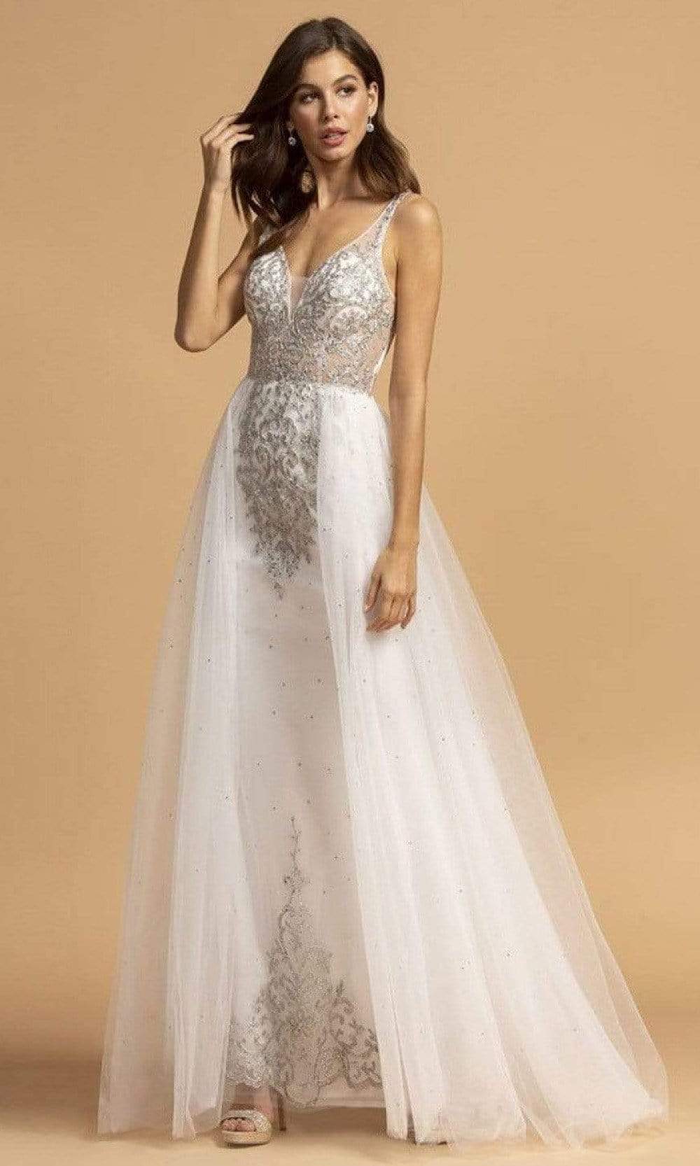 Aspeed Design - L2180 Metallic Lace Applique Overskirt Dress Prom Dresses XXS / Off White Silver