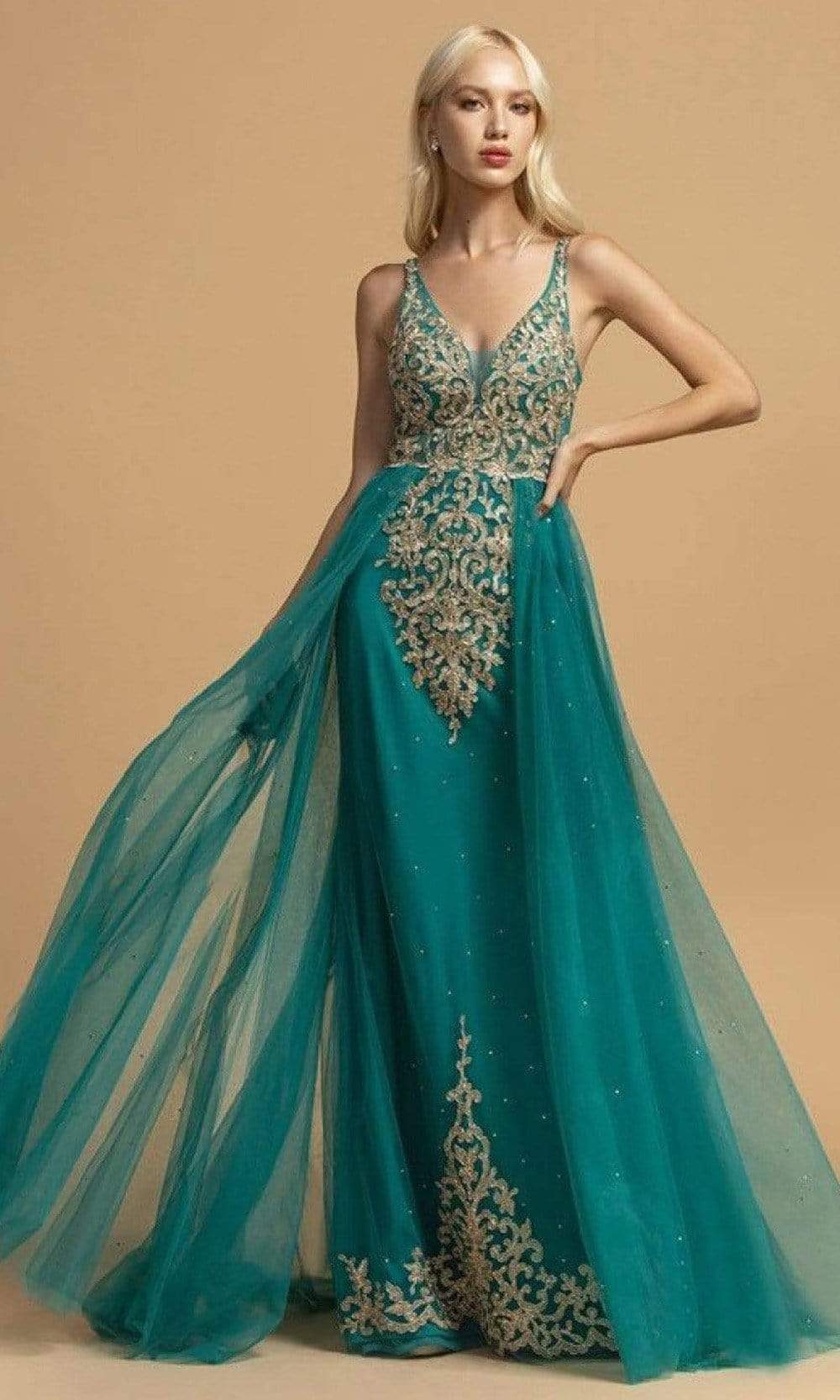 Aspeed Design - L2180 Metallic Lace Applique Overskirt Dress Prom Dresses XXS / Teal