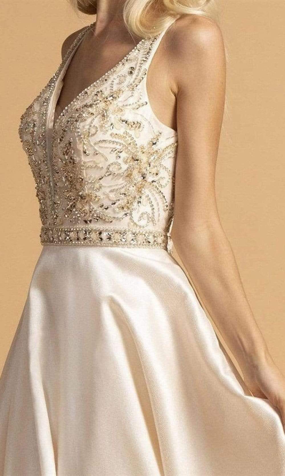 Aspeed Design - L2183 Beaded V-Neck Satin A-Line Dress Prom Dresses