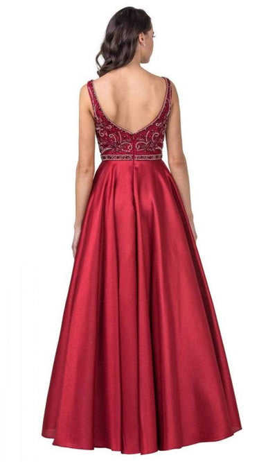 Aspeed Design - L2183 Beaded V-Neck Satin A-Line Dress Prom Dresses