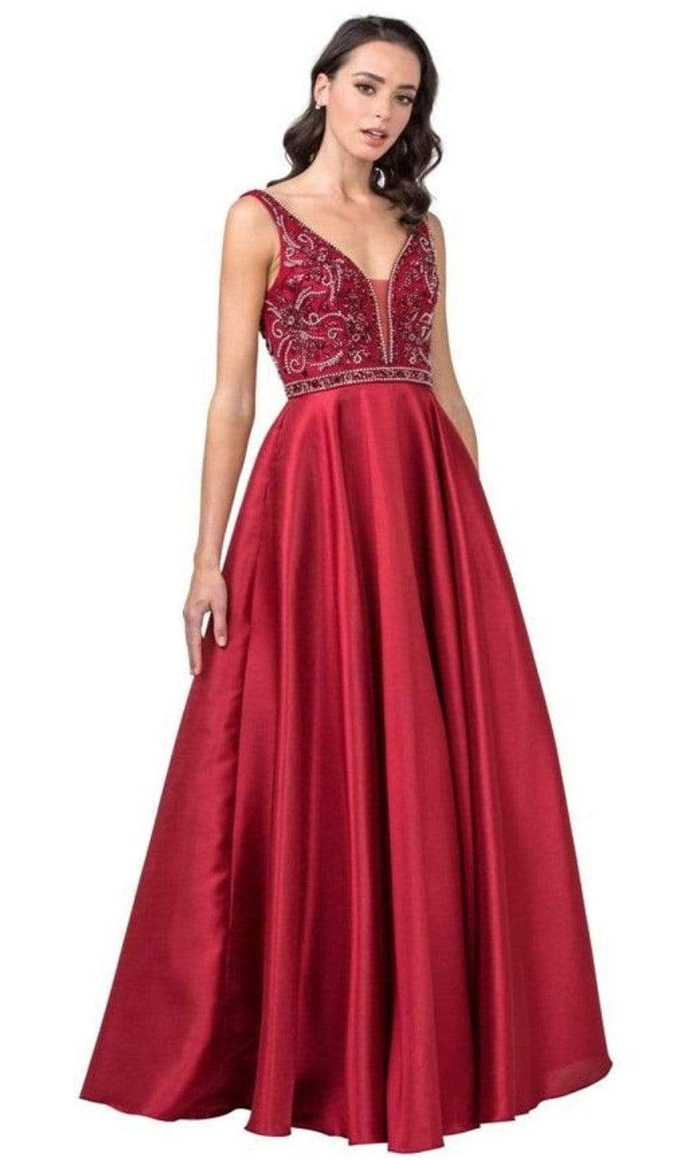 Aspeed Design - L2183 Beaded V-Neck Satin A-Line Dress Prom Dresses XXS / Burgundy