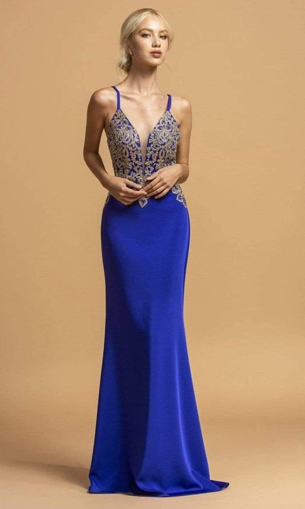 Aspeed Design - L2185 Sleeveless Cross Back Sheath Dress Evening Dressses XXS / Royal