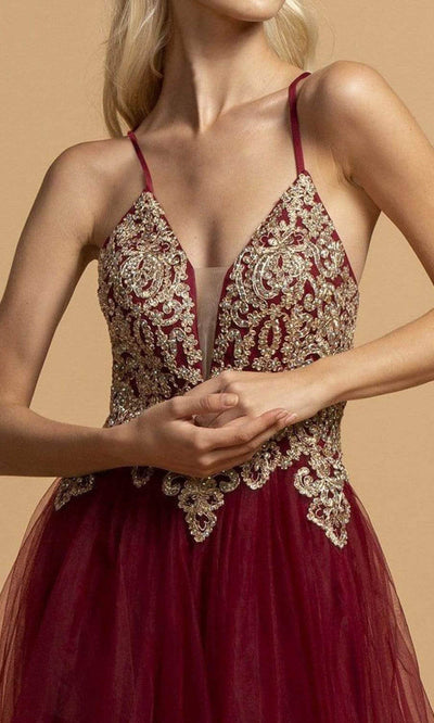 Aspeed Design - L2187 Spaghetti Straps Metallic Lace A-Line Dress Prom Dresses