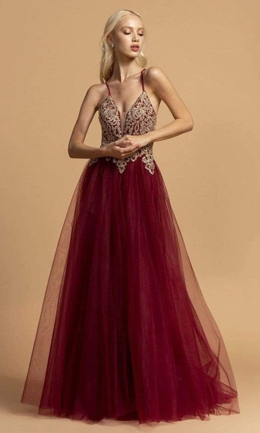 Aspeed Design - L2187 Spaghetti Straps Metallic Lace A-Line Dress Prom Dresses XXS / Burgundy
