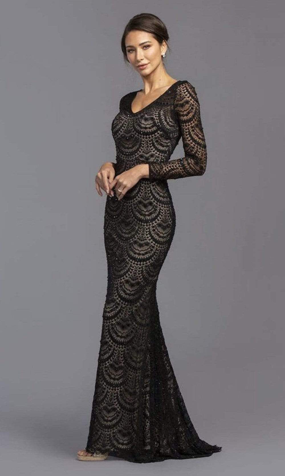 Aspeed Design - L2190 Formal Body Flattering Lace Long Dress Mother of the Bride Dresses XXS / Black Nude