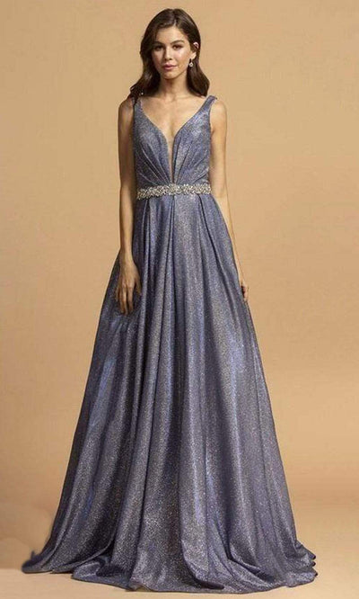 Aspeed Design - L2200 Sleeveless Pleated Glitter A-Line Dress Prom Dresses XXS / Royal
