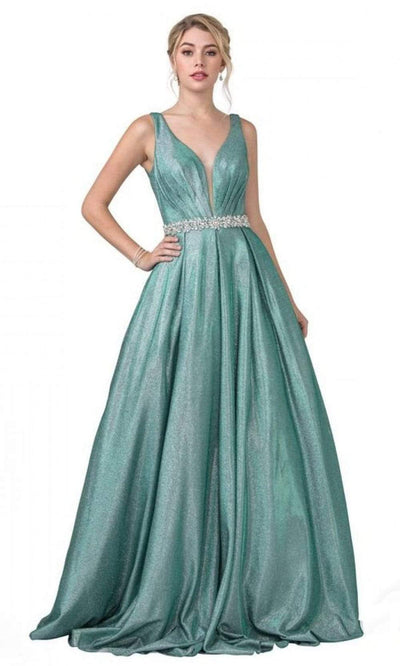 Aspeed Design - L2200 Sleeveless Pleated Glitter A-Line Dress Prom Dresses XXS / Sea Green