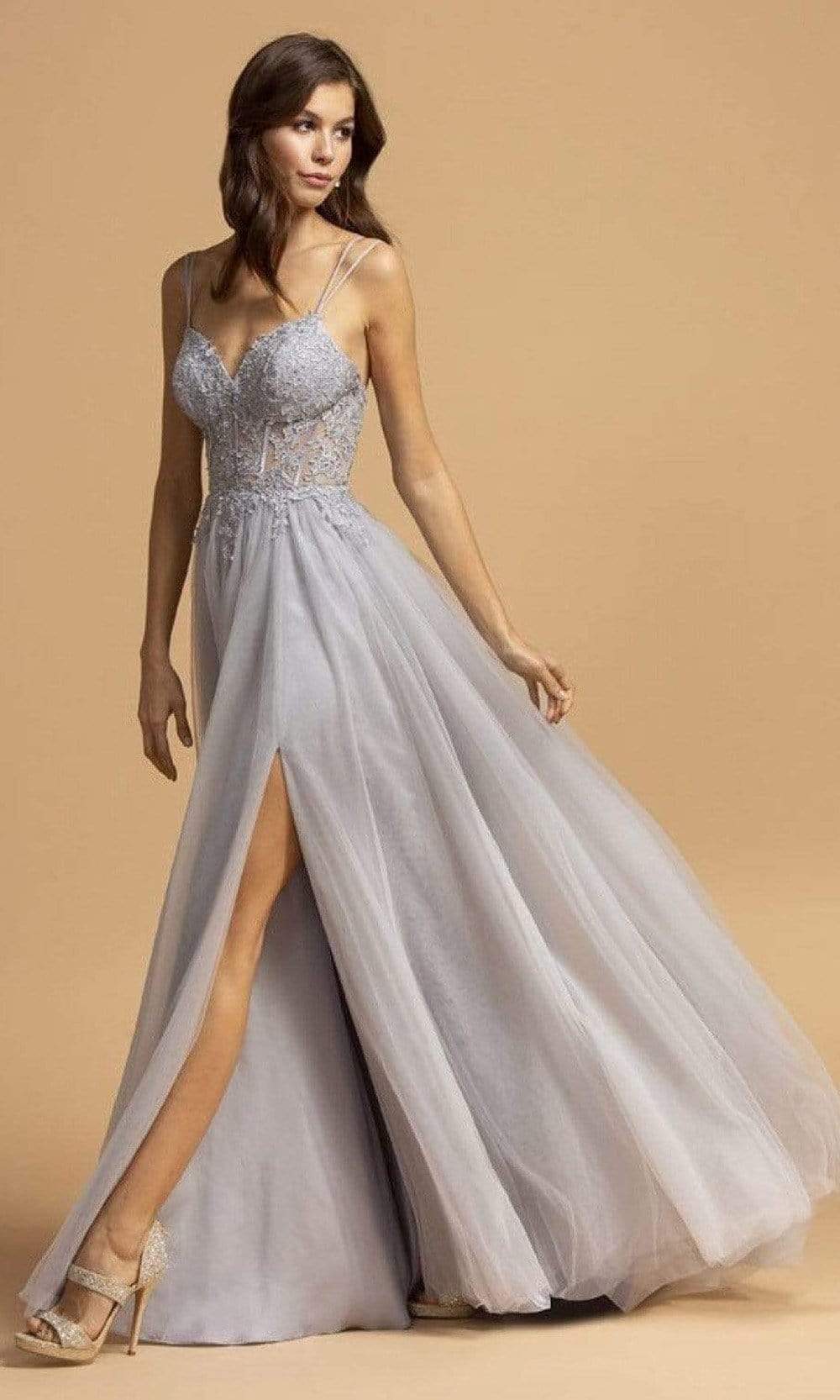 Aspeed Design - L2206 Appliqued Sheer Corset Bodice Dress Prom Dresses XXS / Slate Gray