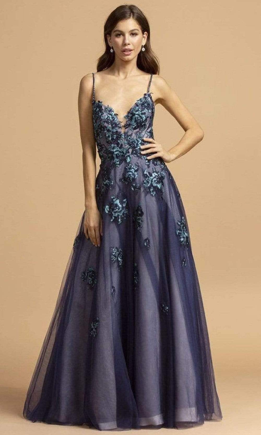 Aspeed Design - L2216 Thin Straps Plunging V-Neck Evening Dress Evening Dresses XXS / Navy/Teal