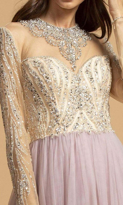Aspeed Design - L2217 Bejeweled Illusion Long Sleeve Dress Prom Dresses
