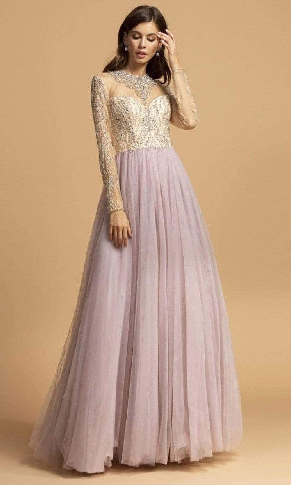 Aspeed Design - L2217 Bejeweled Illusion Long Sleeve Dress Prom Dresses XXS / Mauve