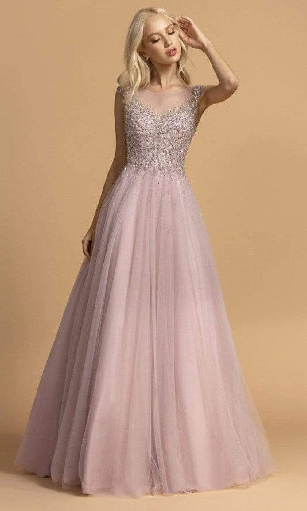 Aspeed Design - L2233 Cap Sleeve Beaded Illusion Jewel Dress Prom Dresses XXS / Mauve