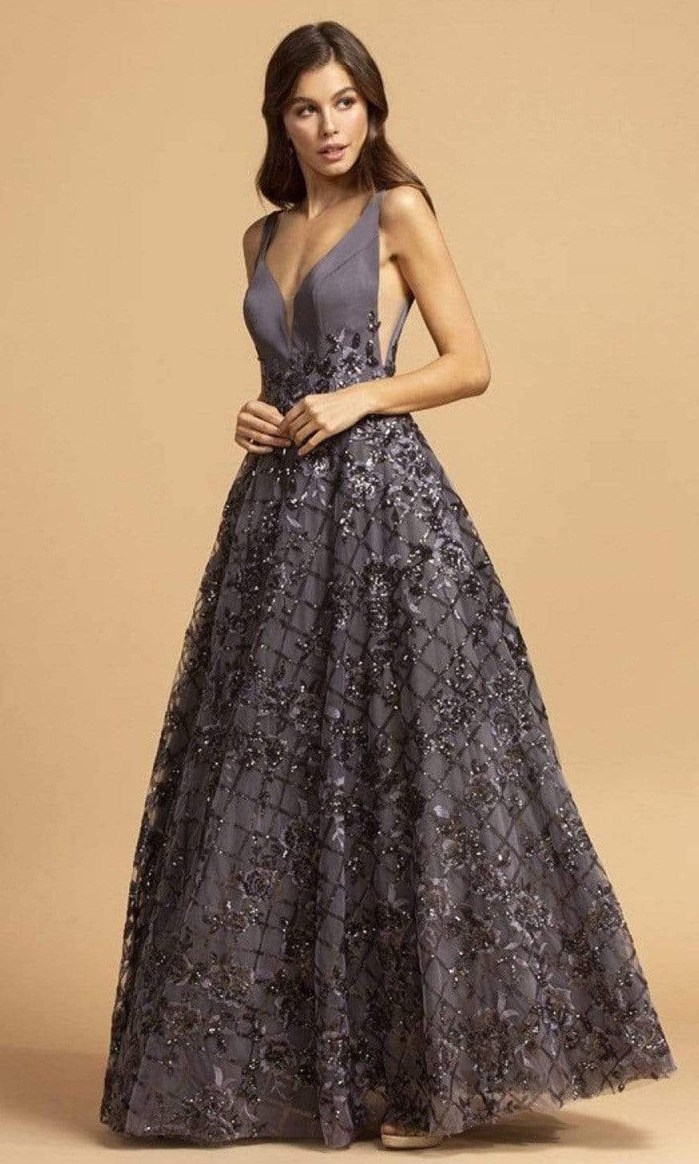 Aspeed Design - L2237 Embellished Chiffon Lace A-Line Gown Prom Dresses XXS / Charcoal