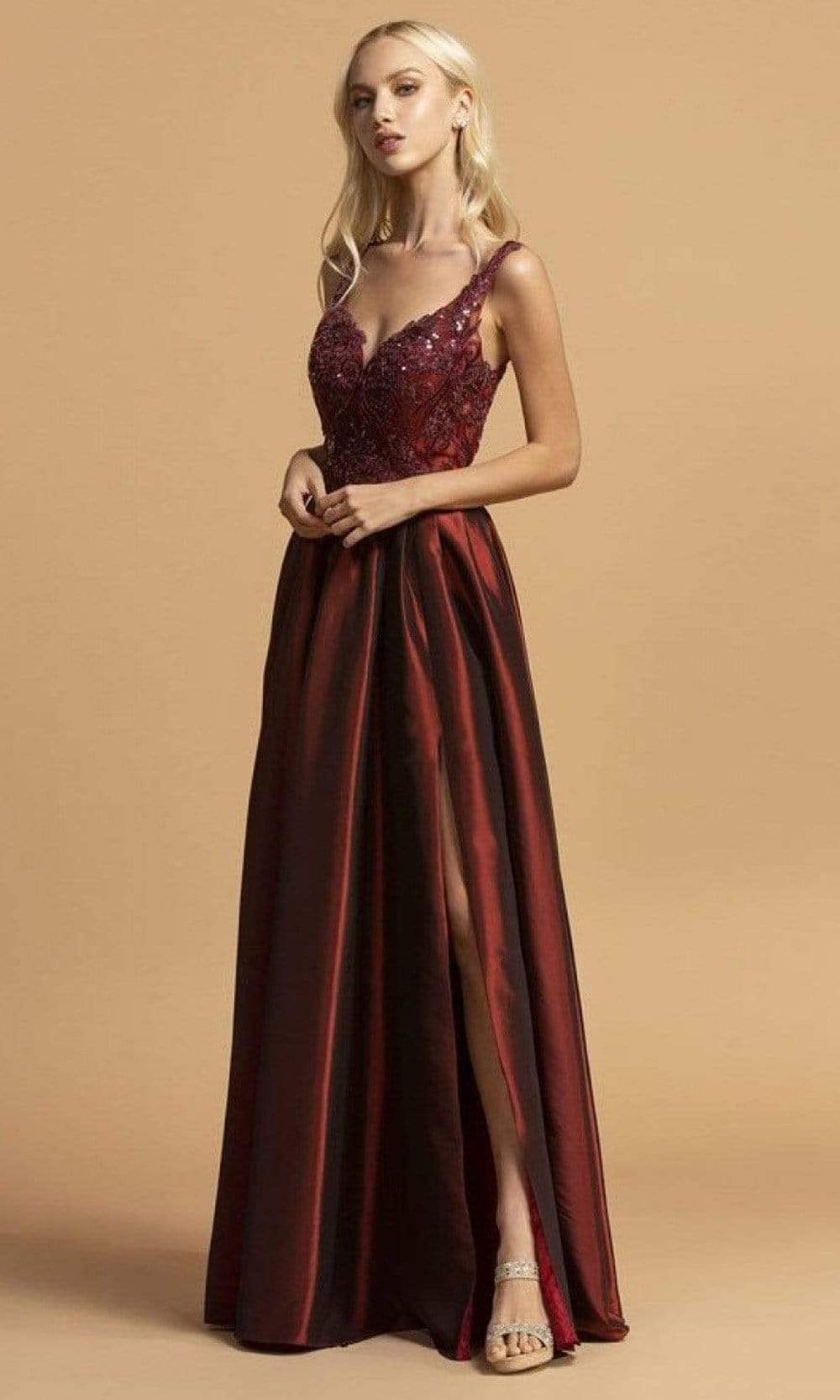 Aspeed Design - L2241 Ornate High Slit Taffeta A-Line Dress Prom Dresses XXS / Burgundy