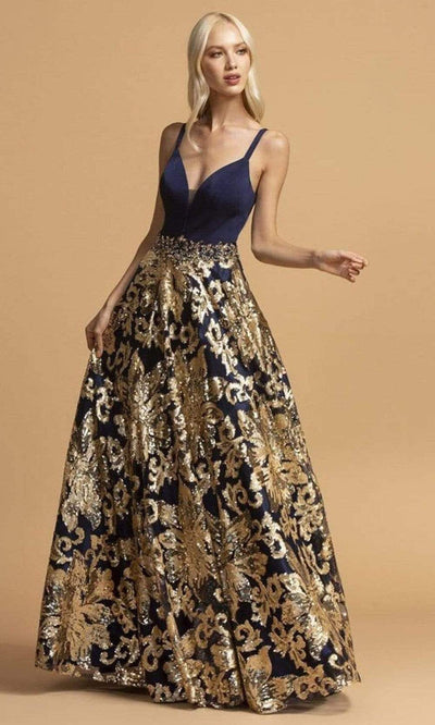 Aspeed Design - L2245 Sleeveless Gold Sequin Appliqued Dress Prom Dresses XXS / Navy Gold