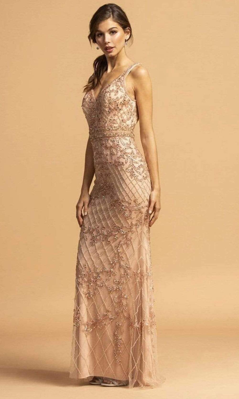 Aspeed Design - L2264 Rhinestone Bedazzled Sheath Dress Evening Dresses XXS / Rosegold
