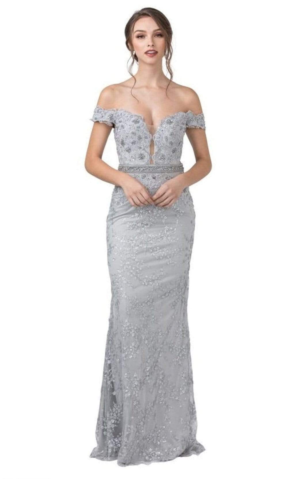 Aspeed Design - Off Shoulder Beaded Lace Dress L2295SC In Silver