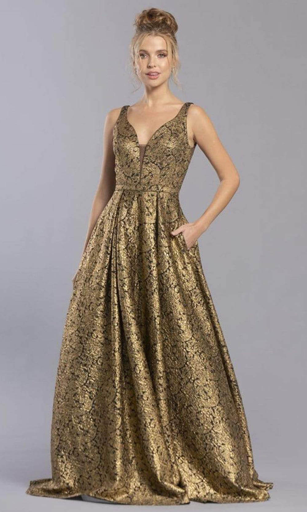 Aspeed Design - L2343 Metallic Brocade A-Line Evening Dress Ball Gowns XXS / Black/Gold