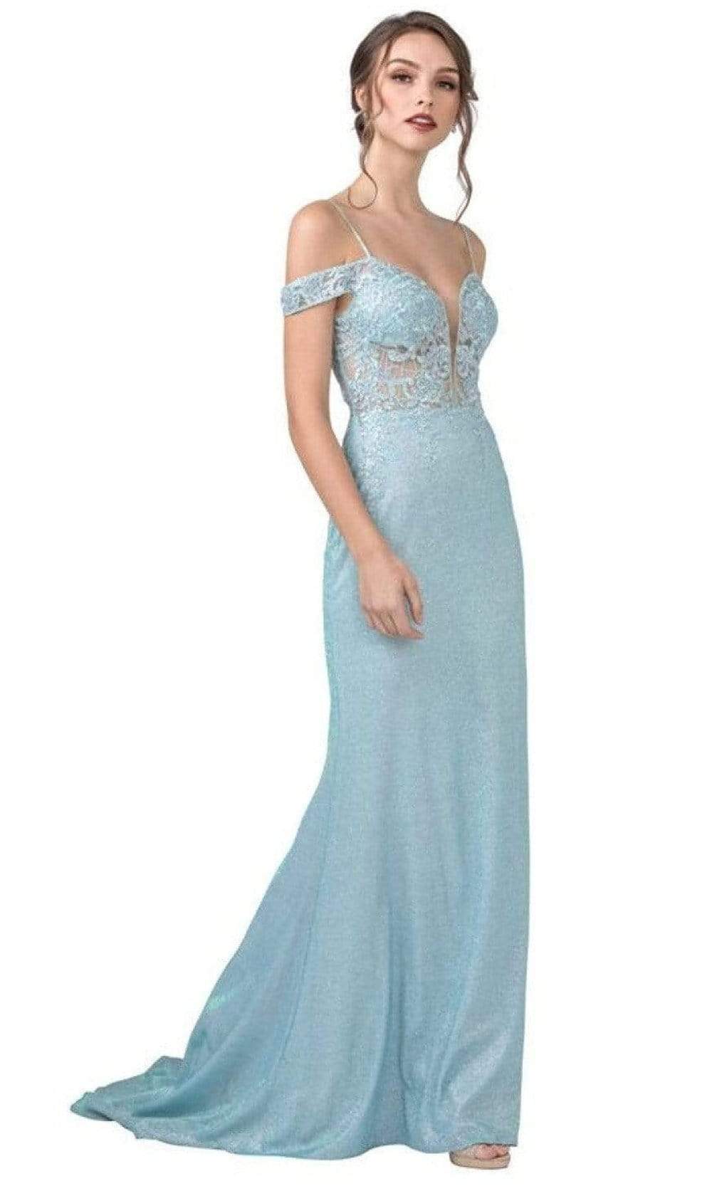 Aspeed Design - L2357 Appliqued Cold Shoulder Sheath Dress Evening Dressses XXS / Baby Blue