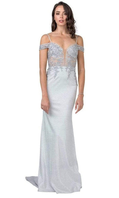Aspeed Design - L2357 Appliqued Cold Shoulder Sheath Dress Evening Dressses XXS / Silver