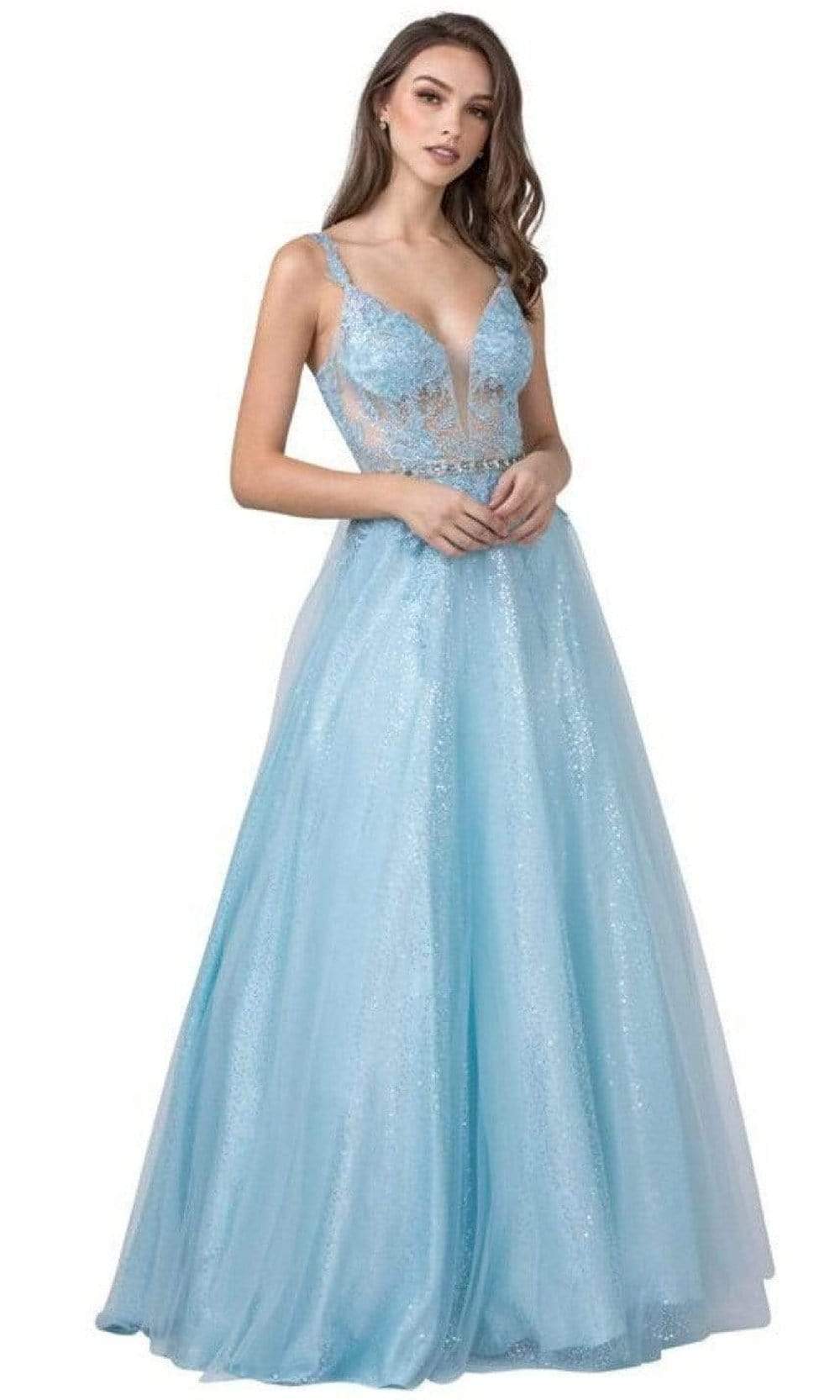 Aspeed Design - L2360 Thin Straps Appliques A-Line Dress Prom Dresses XXS / Ice Blue