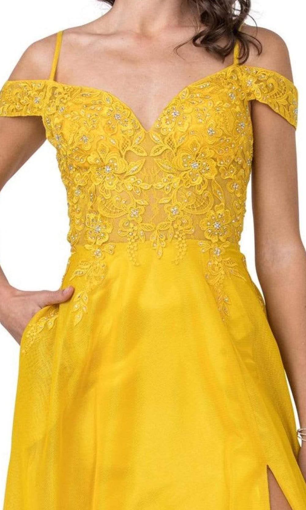 Aspeed Design - L2361 Cold Shoulder Lace High Slit Dress Prom Dresses