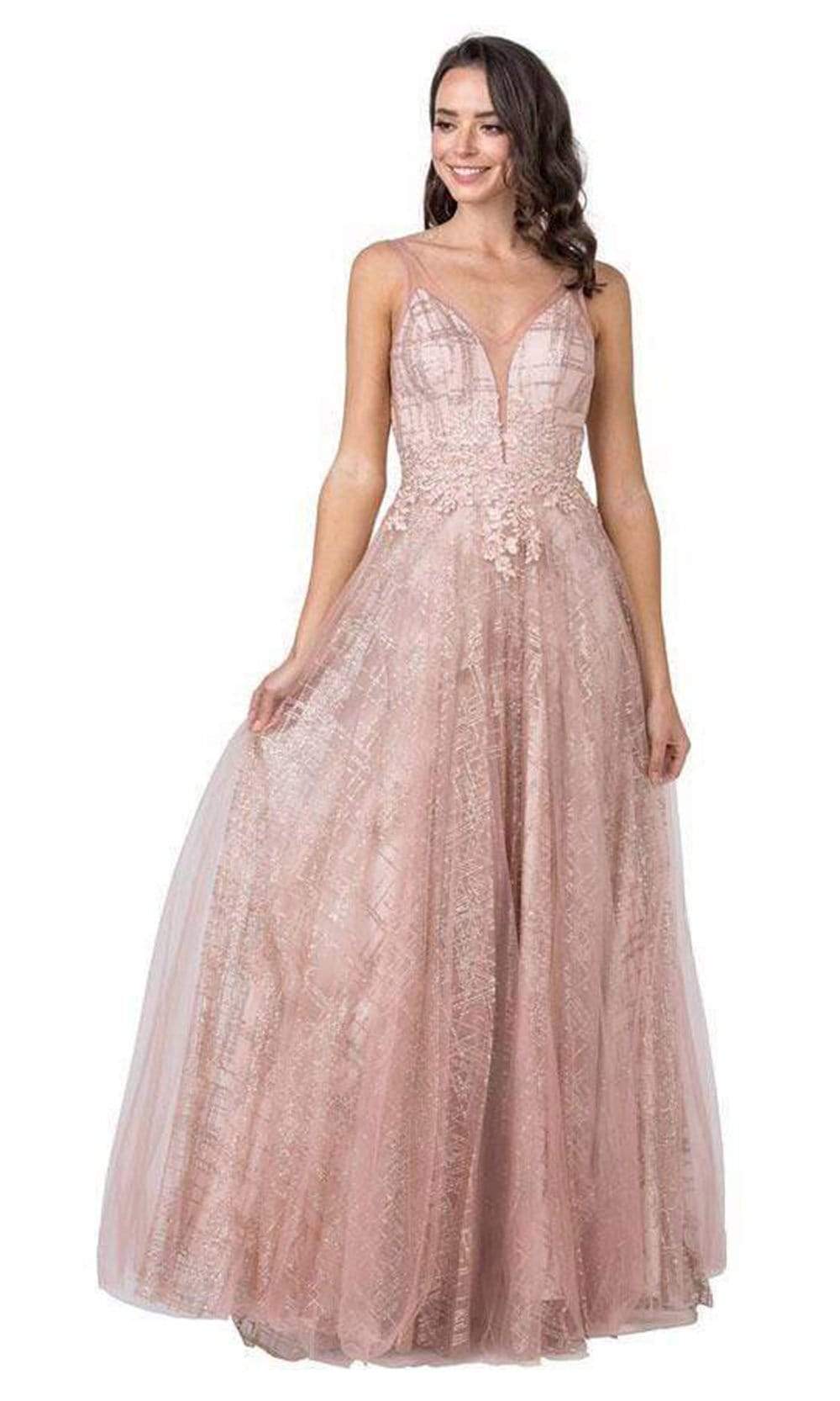 Aspeed Design - L2366 Glitter Floral A-Line Flowy Dress Prom Dresses XXS / Rosegold