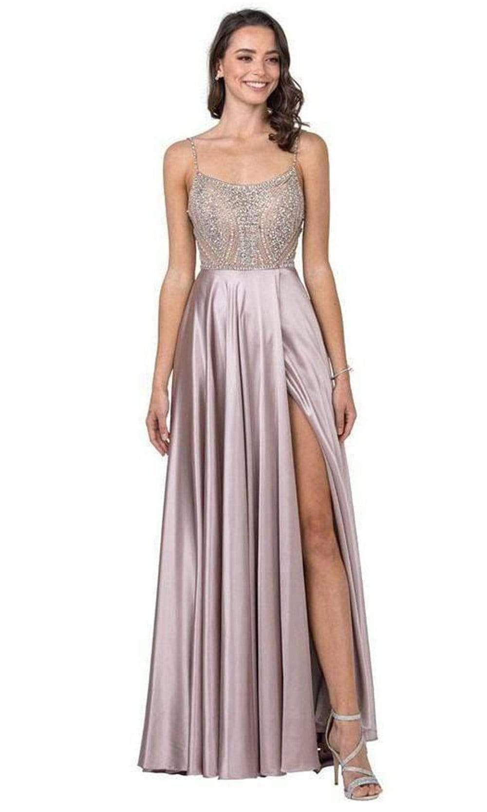Aspeed Design - L2404 Crystal Beaded High Slit Satin Dress Prom Dresses XXS / Mauve