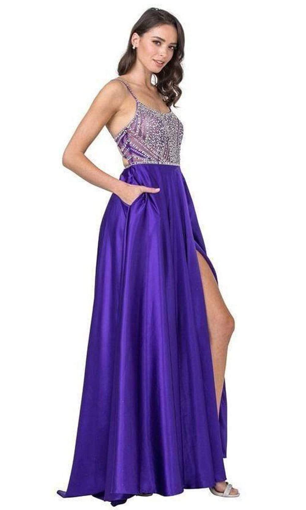 Aspeed Design - L2404 Crystal Beaded High Slit Satin Dress Prom Dresses XXS / Purple