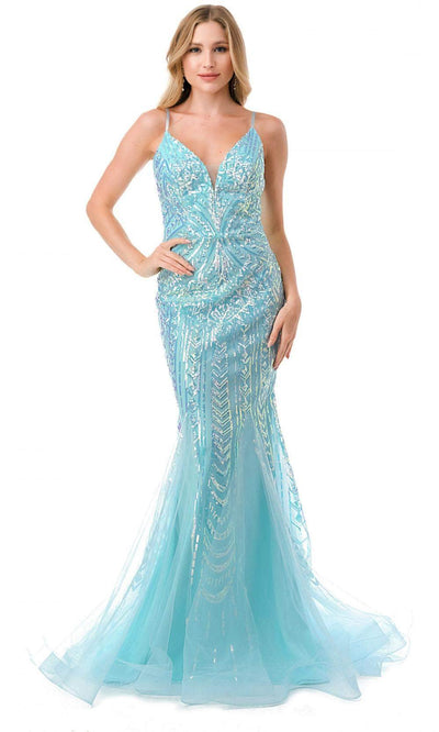 Aspeed Design L2816J - Sequined Mermaid Evening Gown Special Occasion Dress XS / Ice Blue