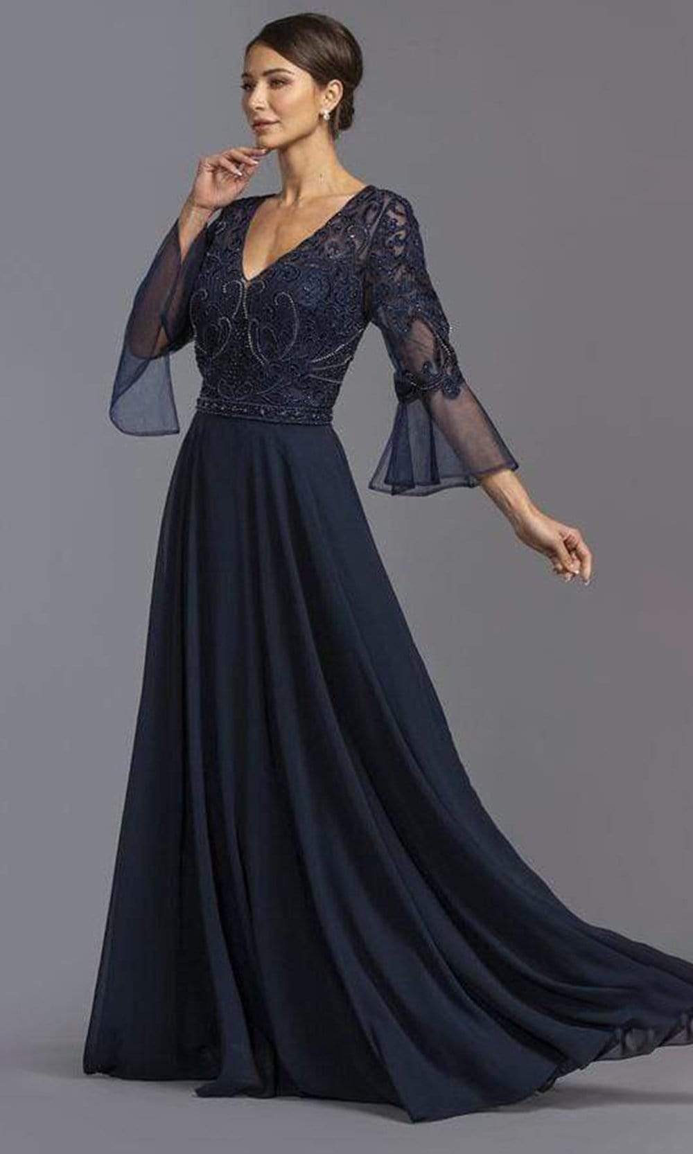 Aspeed Design - M2112 Flutter Sleeve Embellished A-Line Dress Mother of the Bride Dresses XXS / Navy