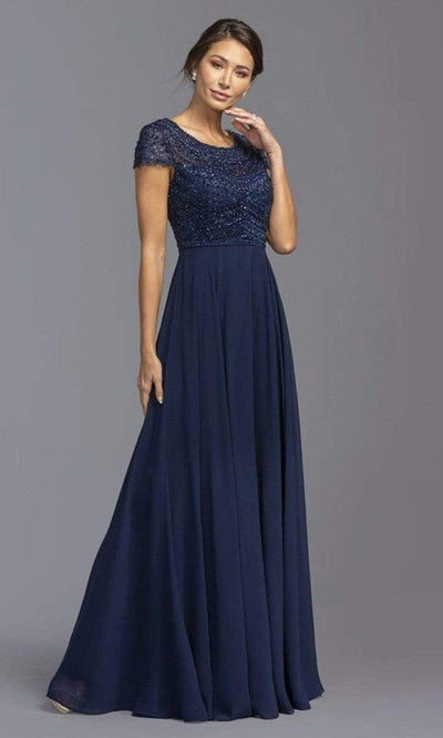 Aspeed Design - M2194 Short Sleeve Embroidered A-Line Dress Mother of the Bride Dresses XXS / Navy