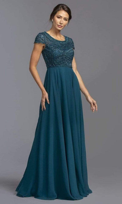 Aspeed Design - M2194 Short Sleeve Embroidered A-Line Dress Mother of the Bride Dresses XXS / Teal