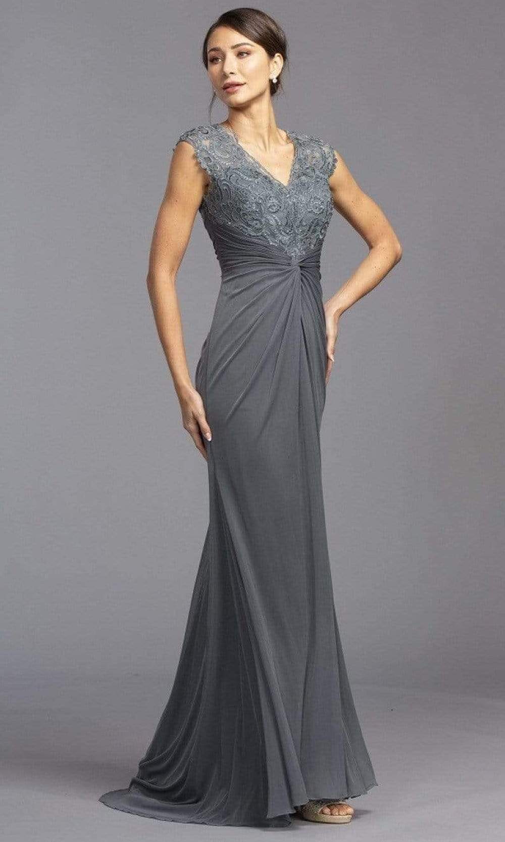Aspeed Design - M2274 V Neck Embroidered Ruched Dress Mother of the Bride Dresses XXS / Charcoal