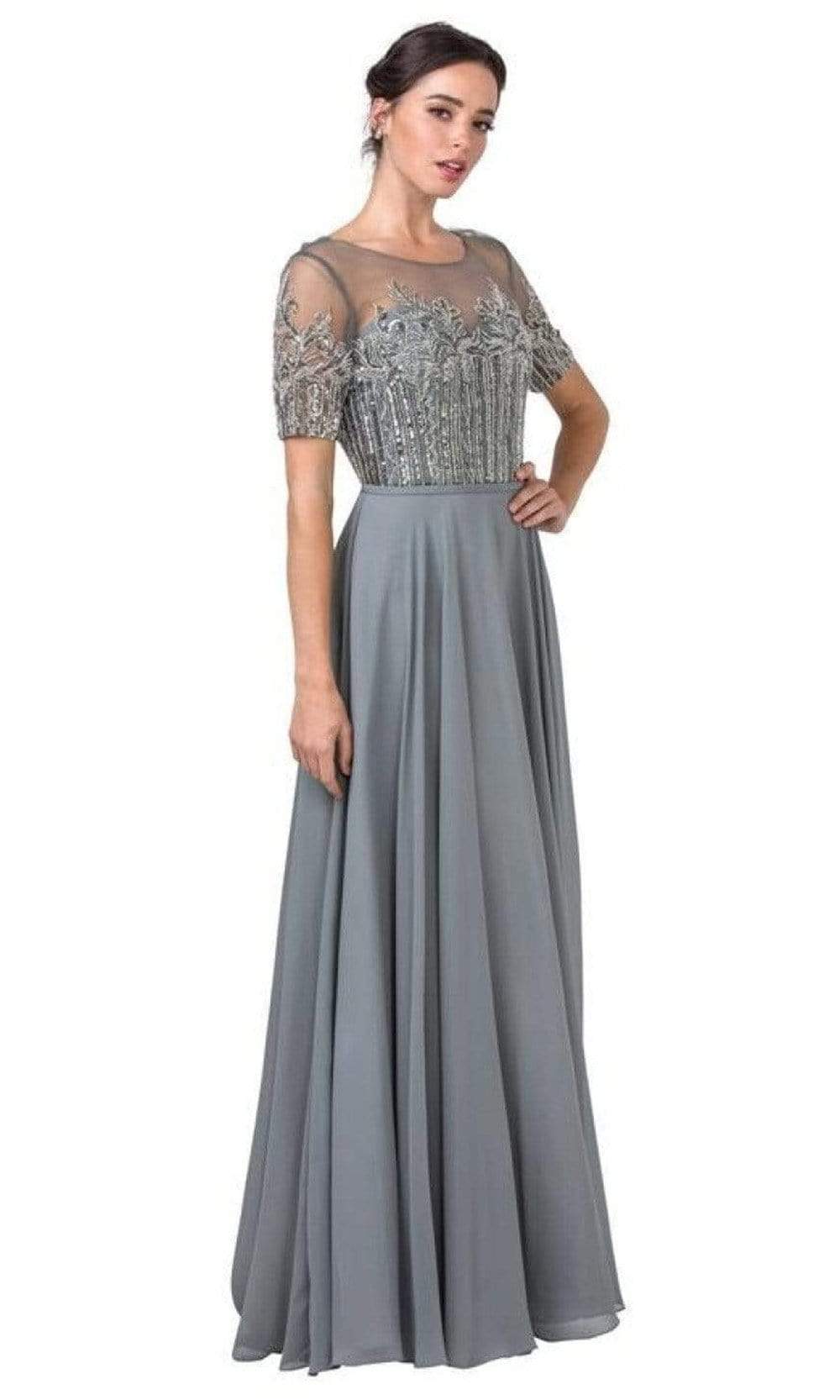 Aspeed Design - M2285 Short Sleeve Bedazzled A-Line Dress Mother of the Bride Dresses XXS / Charcoal