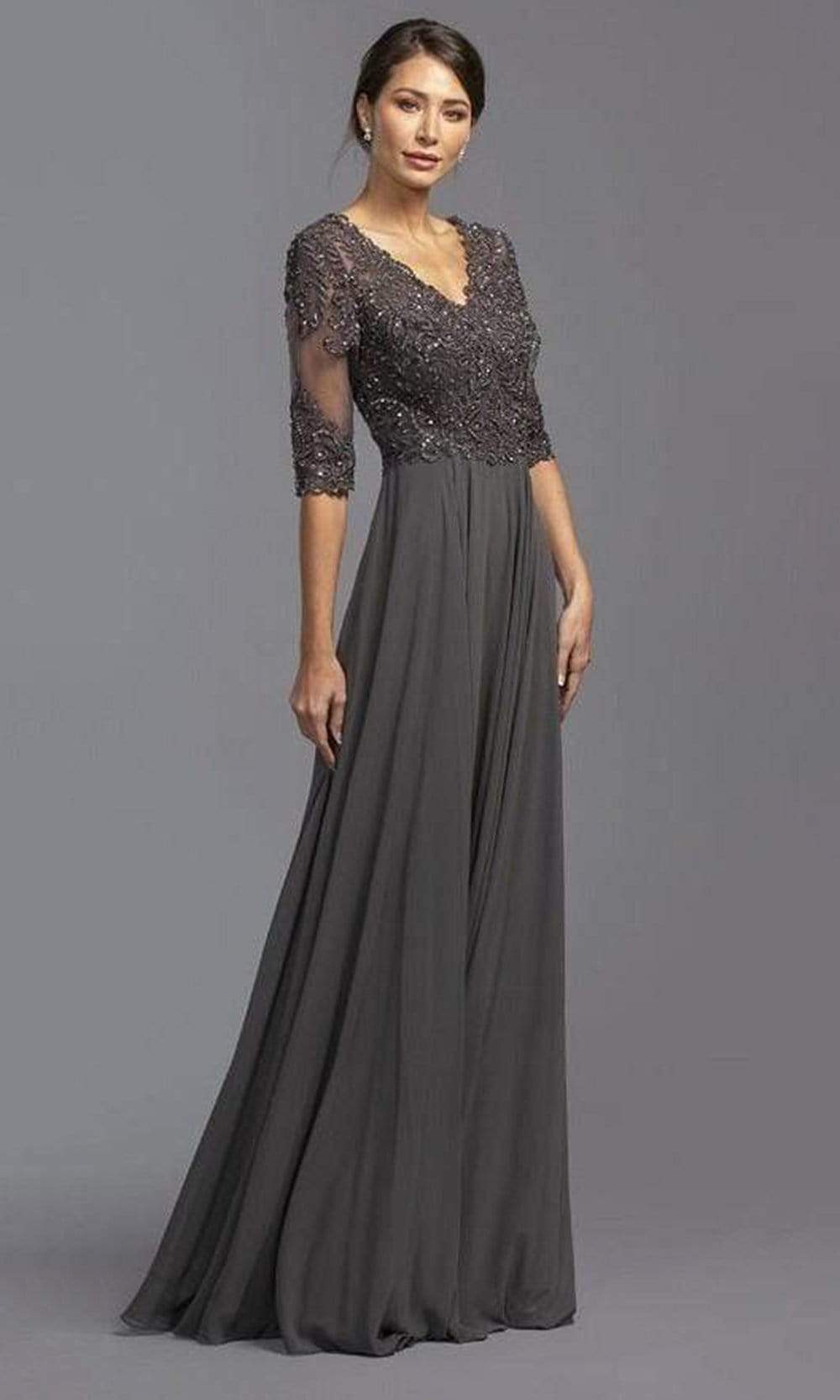 Aspeed Design - M2288 Embroidered Bod A-Line Flowy Gown Mother of the Bride Dresses XXS / Charcoal
