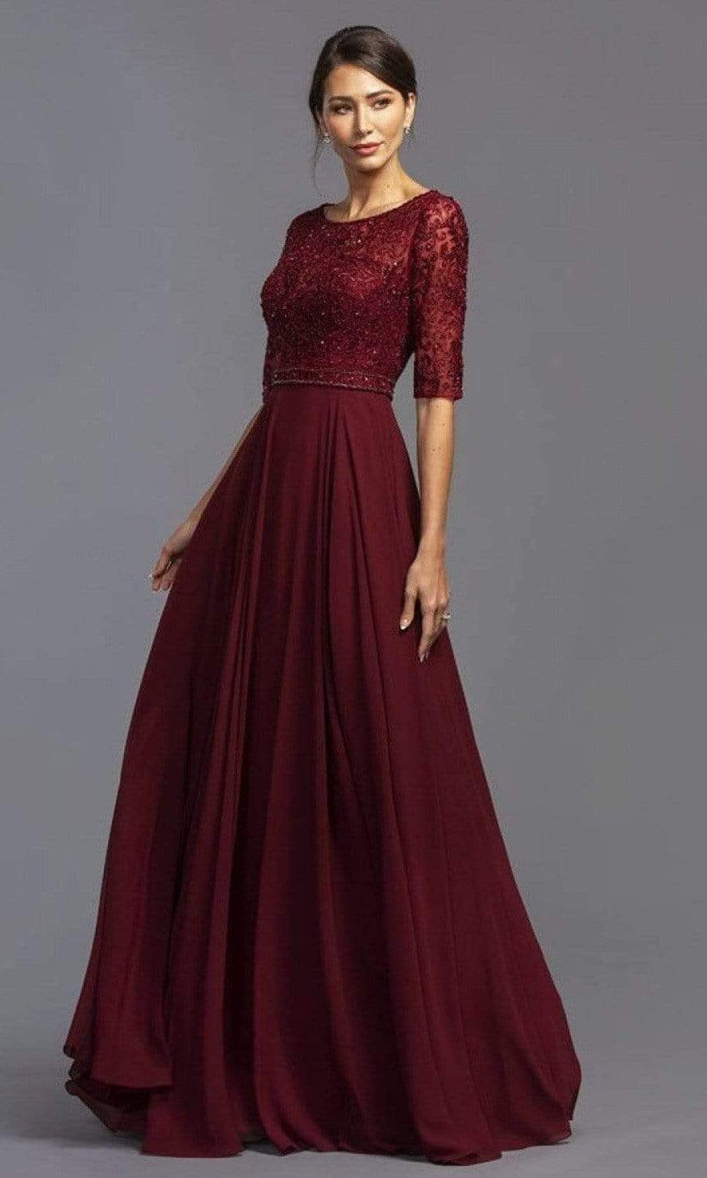 Aspeed Design - M2289 Jewel Neck Embellished Evening Gown Mother of the Bride Dresses XXS / Burgundy