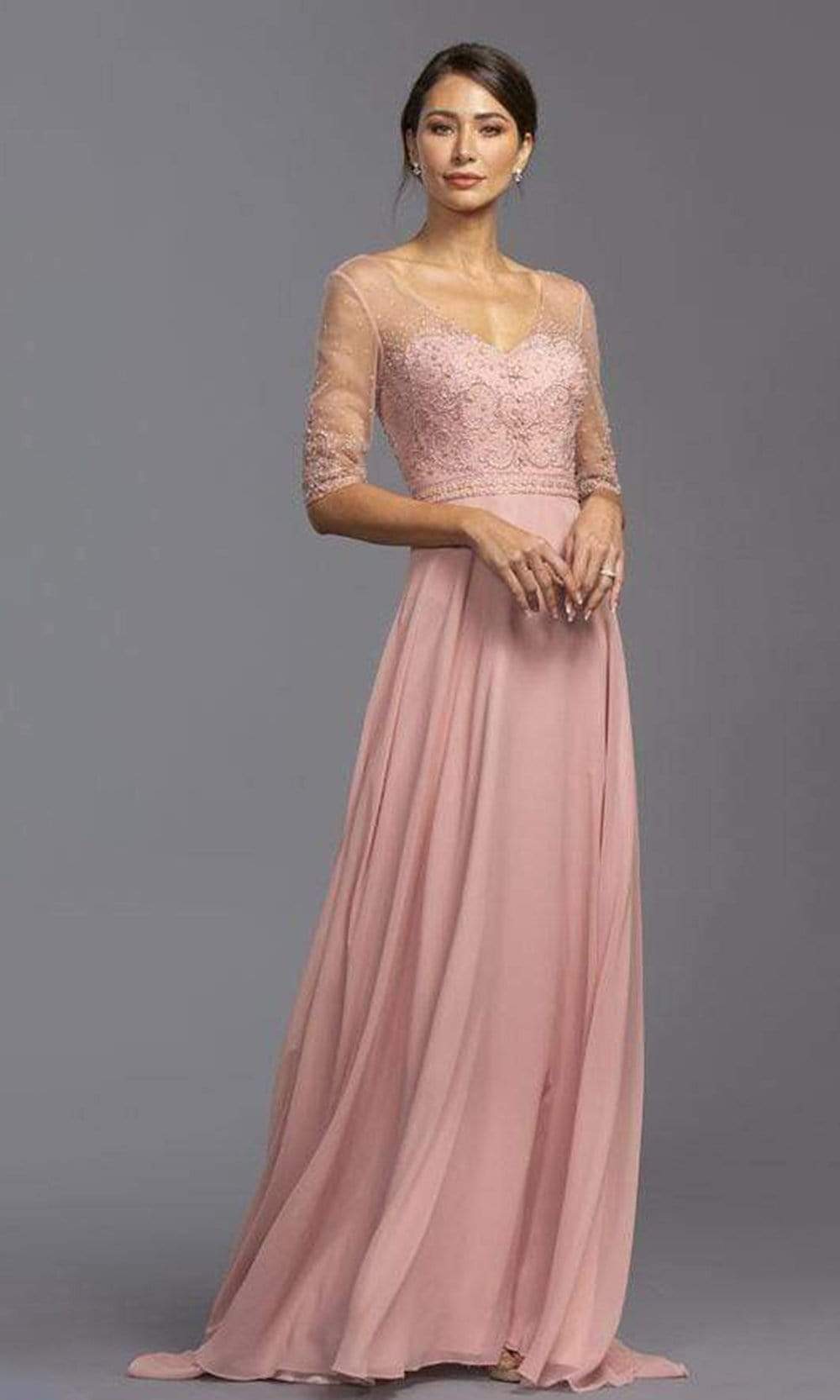 Aspeed Design - M2320 Pearl Applique Illusion Long Dress Mother of the Bride Dresses XXS / Dusty Rose