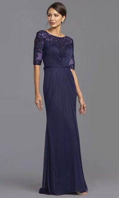 Aspeed Design - M2322 Sheer Sleeve Embroidered Sheath Dress Mother of the Bride Dresses XXS / Navy